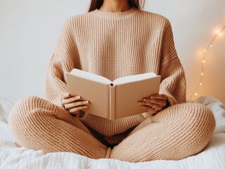 Aufkleber - Cozy Digital Learning Nook Latina Teen in Knit Loungewear with Tablet and Book - Enhancing Home Study in Contemporary Remote Education Platforms