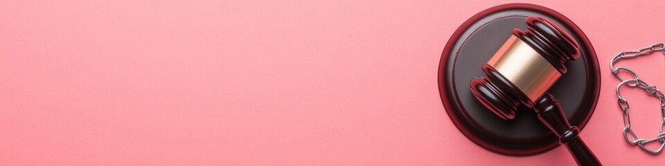 Aufkleber - Minimalist Legal Aesthetic Sleek Gavel and Handcuffs on Textured Pink Surface - Modern Judiciary Imagery for Legal Marketing and Professional Digital Branding