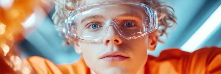 Leinwandbilder - Futuristic Tech Imagery Engineer with Transparent Goggles Operating Advanced Laser Equipment on Sleek Optical Bench - Precision Engineering for Modern Manufacturing Innovation