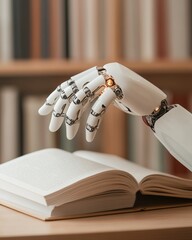 Poster - Future-Ready Interior Sleek Robotic Arm with Book in Warm Wood Study - Smart Home Asset and Educational Utility for Modern Workspace Solutions