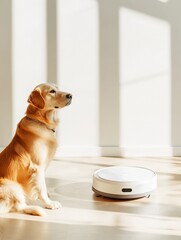 Aufkleber - Minimalist Smart Home Integration Stylish Robot Vacuum and Golden Retriever in Sunlit Kitchen - Enhancing Urban Domestic Spaces and Modern Lifestyle Solutions
