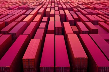 Poster - Symmetrical Shipping Aerial View of Vibrant Container Terminal at Sunrise - Geometric Patterns in Logistics and Modern Global Trade Visualization