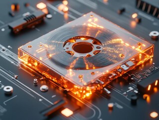 Aufkleber - Retro-Futuristic Tech Feature Illuminated Cassette Tape on Circuit Board for Innovative Audiovisual Marketing and Vintage-Inspired Product Design in Digital Media