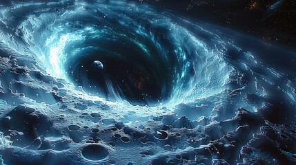 Leinwandbilder - quantum energy vortexes in space, swirling blue energy patterns, time-space distortion effects, moon surface backgrounds, energy particles.