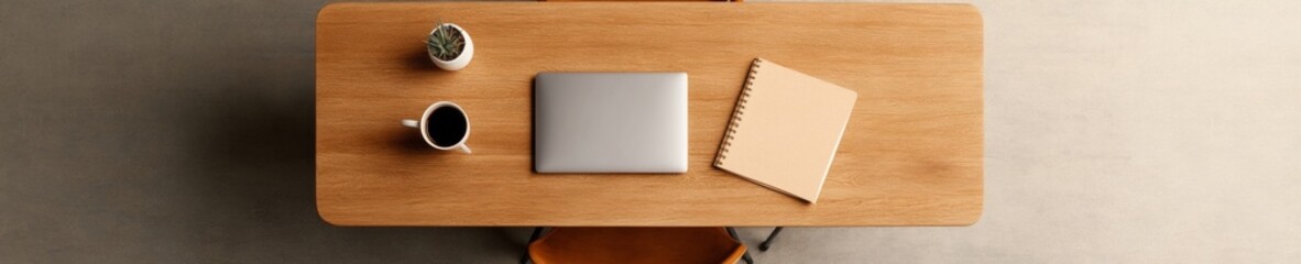 Fototapete - Minimalist Workspace Wooden Desk with Laptop, Coffee and Notebook - Modern Educational Content and Productivity for Digital Learning and Creative Collaboration