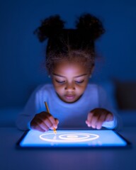 Aufkleber - Interactive Learning Experience African Girl Using Touchscreen Tablet with Stylus - Innovative EdTech Solutions for Creative Child Education and Modern E-Learning Environments