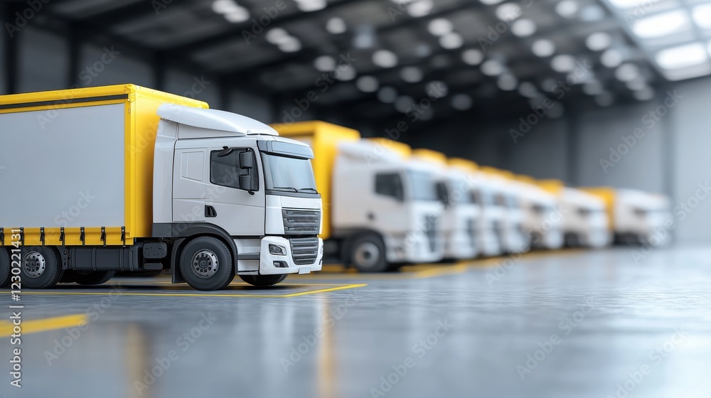 Logistics operations in warehouse with delivery trucks loading dock ...