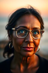 Wall Mural - A middle-aged woman with deep brown skin and sapphire blue eyes gazes thoughtfully.