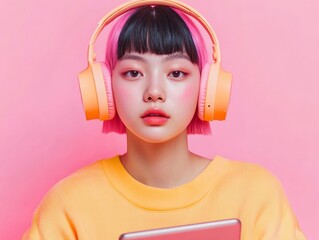 Leinwandbilder - Vibrant Gen Z Digital Artistry South Korean Teen with Neon Hair and Headphones, Creating on Tablet in Colorful Workspace - Youthful Innovation and Creative Industry Trends