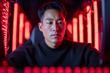 Aufkleber - Neon Gaming Arena Young South Korean Gamer Engaged with LED Gear - Dynamic E-Sports Content and Competitive Entertainment Marketing