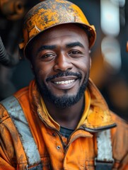 Aufkleber - A confident black male welder smiling. He wearing an orange color protective orange suit with white stripes over the arms and the body.