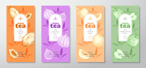 Wall Mural - Tea Labels Vector Set. Fruit and Berries Tea Packaging Design Layouts Bundle. Modern Typography, Hand Drawn Tea Leaves, Papaya, Figs, Peach and Apples Silhouettes Beverage Backgrounds Isolated