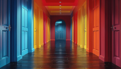 Poster - a hallway of colored doors.