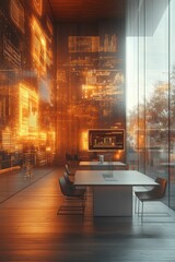 Canvas Print - Futuristic office, warm lighting, data visualization wall.