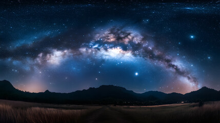 Wall Mural - a panoramic view of the blue night sky filled with the milky way and stars, captured on a dark backg