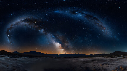 Wall Mural - a panoramic view of the blue night sky filled with the milky way and stars, captured on a dark backg