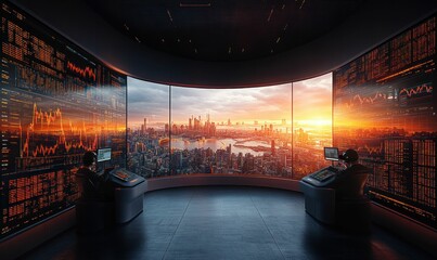 Canvas Print - Cityscape sunset viewed from futuristic control room