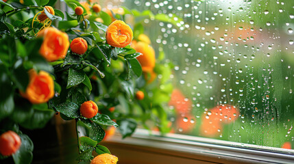 close up shot of raindrops on window with vibrant orange flowers nearby, creating serene and refreshing atmosphere