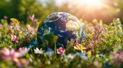 Leinwandbilder - Close-up of a globe of Earth partially covered with fresh flowers and green foliage, sunlight creating soft highlights.