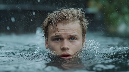 Man Submerged in Water: A young man's face emerges from dark, turbulent water, his expression a mixture of fear and determination as rain lashes down around him.