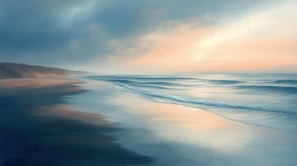 Canvas Print - Serene coastal sunset, soft waves, sandy beach.