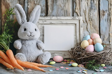 Rustic Easter Scene with Plush Bunny, Blank Wooden Frame, Colorful Eggs, and Carrots on a Weathered Wooden Background