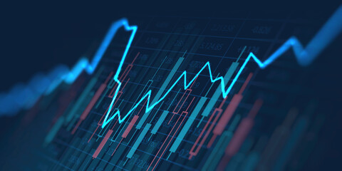 Wall Mural - business financial graph with uptrend line and bar chart of stock market on blue color background