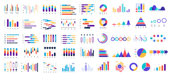 Wall Mural - collection of various colorful charts and diagrams presenting statistical data analysis with bars, l
