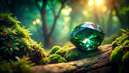 Wall Mural - Luminous Dark Green Sapphire Gemstone Double Exposure on Nature Background - Stock Photo