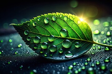 Wall Mural - Lush Green Leaf with Water Droplets - Low Light Macro Photography