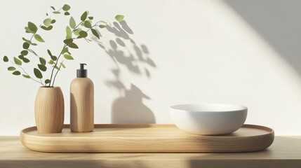 Wall Mural - Minimalist Wooden Tray with Green Plant, Bottle, and Bowl