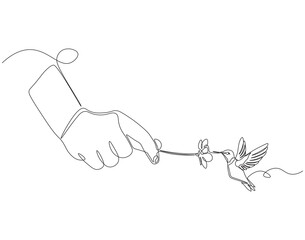 Wall Mural - Continuous one line drawing of hummingbird eat flower hold by hand. One line drawing illustration of hummingbird with hand holding flower. Giving, mutualism concept single line. Editable outline