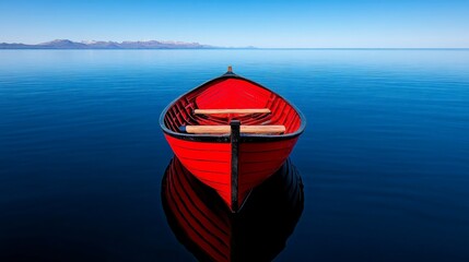 Wall Mural - Red Boat on Calm Water: A solitary red boat, a splash of color against a vast expanse of tranquil blue water, under a clear sky. This serene scene evokes a sense of peace and contemplation. The water.