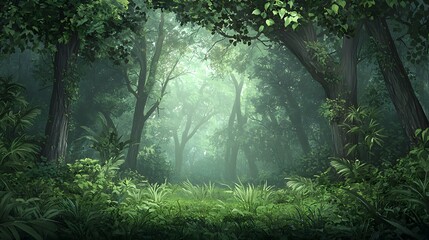 Wall Mural - Enchanting Misty Forest Landscape with Lush Greenery and Dappled Light  A serene and tranquil scene of a dense primeval forest with a mysterious fairy tale like atmosphere  Layers of verdant foliage