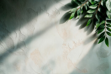Wall Mural - Green Branch and Textured Light Grey Surface with Shadow