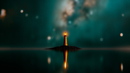 Wall Mural - Lighthouse on Island at Night with Water Reflection