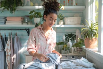 A young woman sorts and folds freshly laundered clothes in a stylish laundry room adorned with greenery. The space is well-lit with natural light streaming through large windows