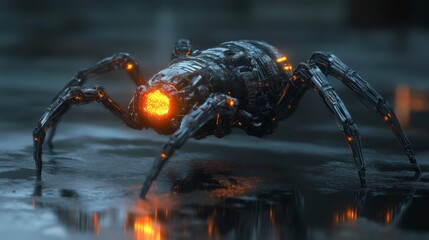 Cyberpunk Spider Robot in Dark Reflections