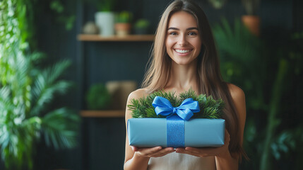 Smiling woman holds beautifully wrapped gift surrounded by greenery in bright indoor space during festive season