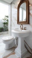 Sticker - Elegant bathroom interior featuring a vintage mirror, modern fixtures, and lush greenery outside