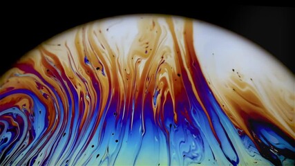 Wall Mural - Closeup video of a soap bubble showing thin film interference concept and the resulting different colors of light with each moving and swirling shapes. Perfect for illustrating concepts of physics.