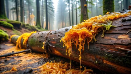 saffron-colored slime oozes out from beneath a decaying log in a damp, misty forest floor, decay, fu