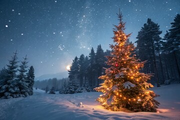 Poster - Magical Christmas Tree in Snowy Forest, Glowing Lights, Falling Snow, Starry Night