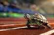 © prime stock - A turtle on a racetrack, showcasing determination and focus as it prepares for a race. Turtle's Determined Race, Motivated Run, Goal-Oriented