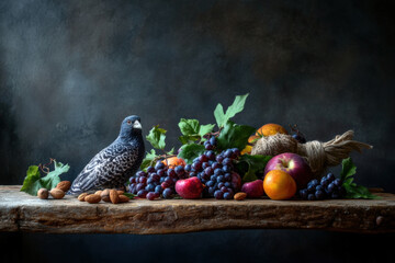 Wall Mural - A bird is perched on a table with a variety of fruits and nuts