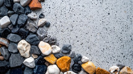 Closeup image of natural pebbles stones and gravel in a mix of earthy brown gray and monochrome tones creating a rough granular and solid textured background  The irregular