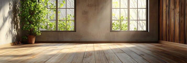 Wall Mural - Bright and airy rustic wood interior with large windows lush potted plants and natural sunlight streaming in creating a peaceful and serene living or studio space