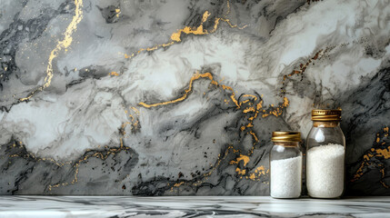 Wall Mural - Classic glass salt shakers with metal lids on stylish marble background