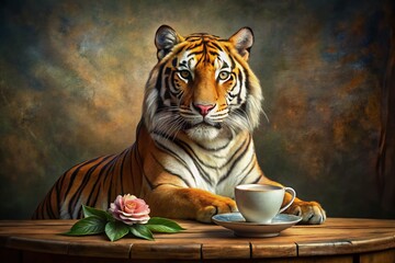 Wall Mural - Majestic Tiger Enjoying Afternoon Tea: A Whimsical Generative Art Image