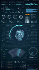 Wall Mural - blue digital robot head with head up display (hud ui) and futuristic technology abstract background 